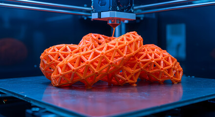 Poster - Complex Three Dimensional Printer Creating Intricate Orange Lattice Structure Under Blue Lighting With Geometric Design and Metallic Base