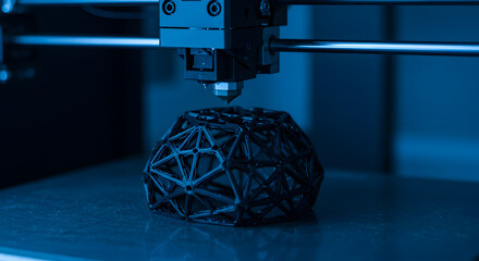 Poster - Detailed 3D Printer Constructing Geometric Sphere with Layering Process in a Blue Tone