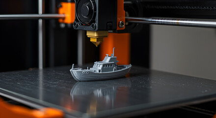 Poster - Gray Boat Being Created on 3D Printer With Additive Manufacturing Technology on Black Surface Under Bright Lighting