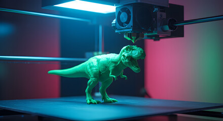 Poster - Green Dinosaur Figurine Being Created by 3D Printer with Blue Light and Red Background, Studio Shot