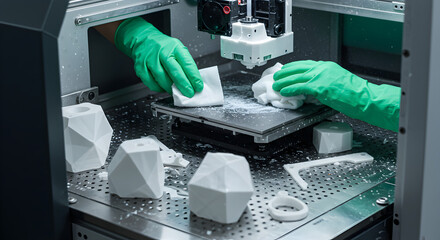 Poster - Hands Cleaning White Geometric Shapes in a Metallic Machine with Green Gloves Industrial Manufacturing Process High Precision Engineering