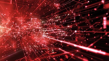 Poster - Abstract red circuit board pattern with glowing lights on dark background. The red hues and light effects add a dynamic and modern touch. Digital technology innovation theme. Electric circuit. AIG53.