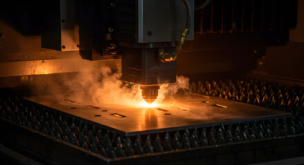 Poster - Industrial Laser Cutting Machine Cutting Metal Sheet with Sparks and Smoke in Dark Environment