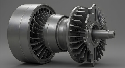 Poster - Metallic Jet Engine Turbine with Radial Blades Engineering Precision Design against Gray Backdrop