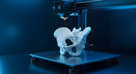 Poster - Medical Innovation 3D Printer Creating a Detailed Anatomical Model of a Pelvic Bone in a Cool Tone Studio Setting