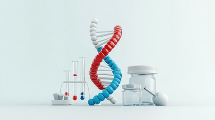Poster - Colorful DNA model with laboratory equipment representing genetics and scientific research.