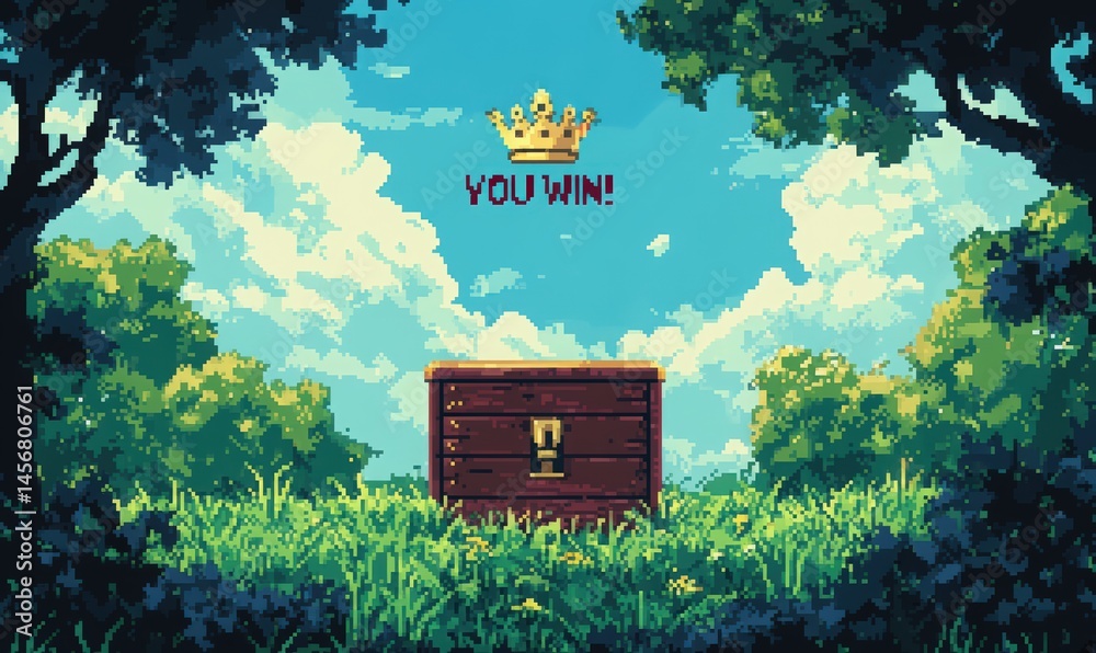 8-bit pixel art treasure chest with You Win text in retro game ...