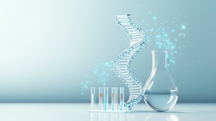 Poster - A captivating image of a DNA strand and laboratory glassware in a bright lab setting.