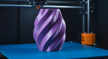 Poster - Purple Twisted Vase on Blue Platform Inside Black Three Dimensional Printer with Nozzle Precision in Modern Technology Studio