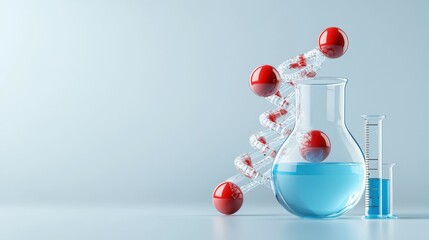 Poster - Scientific laboratory scene featuring a glass flask and DNA model in a soft blue setting.