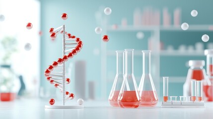 Poster - Stylized DNA model with laboratory glassware and colorful liquids in a bright lab setting.