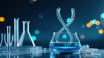 Poster - A vibrant DNA strand emerges from a laboratory flask, symbolizing genetic research innovation.
