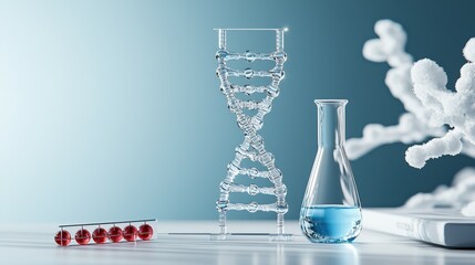 Poster - A transparent DNA model beside a glass flask with blue liquid, symbolizing science.