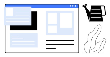 Poster - webpage layout with text boxes, images, and sections beside a watering can and plant illustration. i