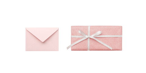 Wall Mural - a pink gift box with a silver ribbon placed next to a closed pink envelope.