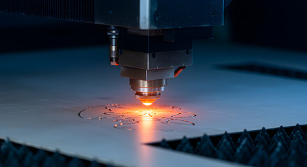 Poster - Close Up Laser Cutting Machine Precision Technology With Bright Orange Beam On Metal Surface in Blue Background