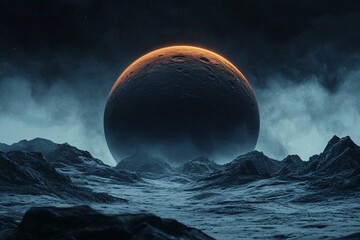 Wall Mural - alien planet landscape dark mountains and glowing orange planet in mysterious atmosphere