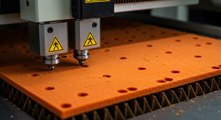 Poster - CNC Router Cutting Orange Foam Sheet with Precision Holes in Industrial Setting