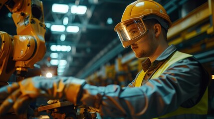 Aufkleber - Engineer in a yellow safety helmet operating a robotic arm in a high-tech factory. Industrial automation and advanced engineering.