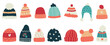 © Alina Nikitaeva - Cartoon ski skate winter knitted cap sports silhouette hat clothes. Christmas new year seasonal warm wool decorated with pom pom, snowflake set collection, mistletoe.
