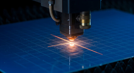 Poster - Industrial Laser Cutting a Precise Grid on a Shiny Blue Surface with Sparks Flying Under Controlled Automated Technological Manufacturing