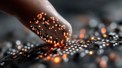 Poster - artificial intelligence ai circuit board in shape electronic pcb circuit icon symbol on businessman hand finger touching with cyberpunk neon cyberspace lighting innovative te.stock photo