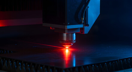 Poster - Industrial Laser Cutting Machine Precision Cutting Metal Sheet with Red Beam in Dark Blue Tone