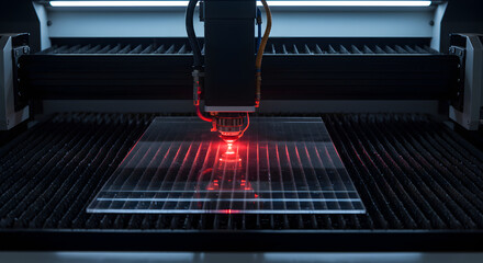 Poster - Laser Cutting a Geometric Pattern Into Acrylic Sheet With Intense Red Beam in a Manufacturing Plant
