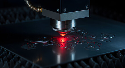 Poster - Laser Cutting Machine Engraving Floral Design on Metal Sheet With Precision Red Laser in a Dark Industrial Setting Technology