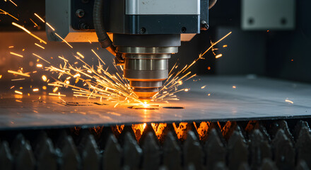 Poster - Laser Cutting Machine in Operation Emitting Bright Orange Sparks on Dark Metal Surface in Industrial Setting