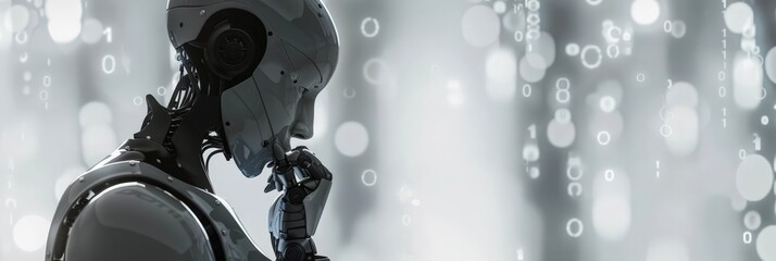 Aufkleber - Futuristic robot in deep thought against binary code background. Concept of AI and advanced technology.