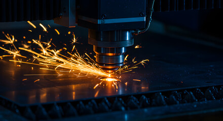 Poster - Metal Laser Cutting Machine Sparks Brightly in Dark Industrial Setting Precision Engineering