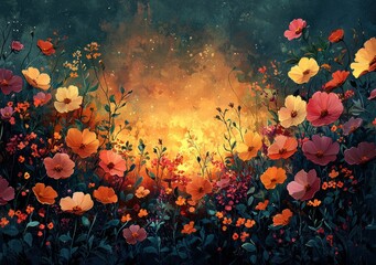Wall Mural - Whimsical field of glowing red, orange, and yellow flowers with delicate stems set against a dreamy dark background with sparkles Generative AI