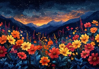 Wall Mural - Whimsical field of glowing red, orange, and yellow flowers with delicate stems set against a dreamy dark background with sparkles Generative AI