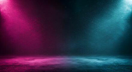 Poster - Abstract Dark Background with Pink and Blue Spotlights Illuminating Textured Floor with Shimmering Particles Creates Dreamy Atmosphere