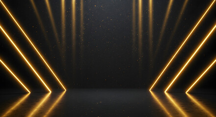 Poster - Abstract Golden Neon Lines Frame Dark Textured Wall with Reflective Floor and Sparkling Particles