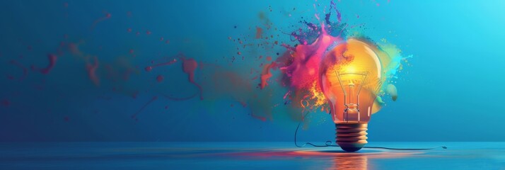 Poster - Abstract light bulb with colorful paint splash, symbolizing creativity and innovation. Perfect for themes of art, inspiration, and design.