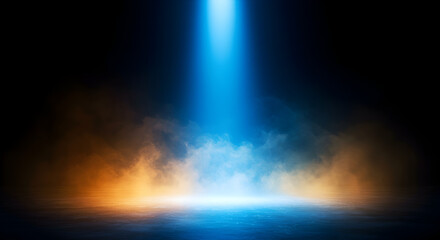 Poster - Dramatic Blue Spotlight Illuminating Smoky Stage with Textured Concrete Floor Creates Abstract and Ethereal Atmosphere Perfect for Backdrop
