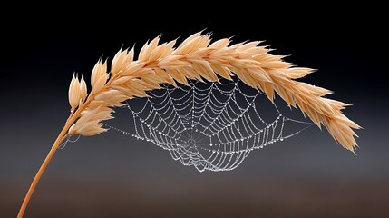 DewKissed Spiderweb on Wheat with Autumn Nature.