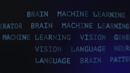close-up of digital text sequences with technology and ai-related terms scrolling across a dark scre