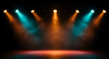 Poster - Dramatic Stage Illumination with Orange and Teal Spotlights Creating a Smoky Atmosphere in a Dark Theater