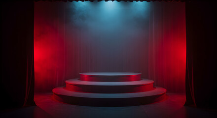 Poster - Dramatic Stage with Red and Blue Lights Spotlighting an Empty Three Tier Platform and Dark Curtains