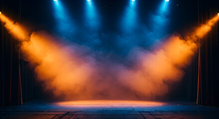 Poster - Empty Stage with Vivid Orange and Blue Spotlights Cutting Through Smoke and Dark Curtains