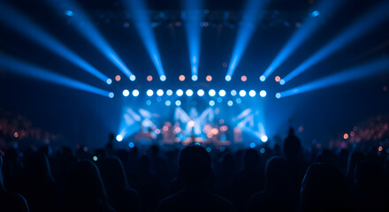 Poster - Energetic Concert Scene with Blue Spotlights and Blurred Crowd Silhouette Figures