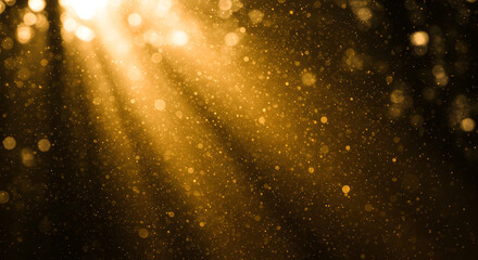 Poster - Golden Light Rays Shining Through Sparkling Particles Against a Dark Background