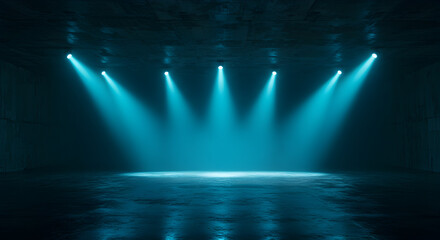 Poster - Illuminated Empty Room with Blue Spotlights Casting Dramatic Light on Reflective Floor