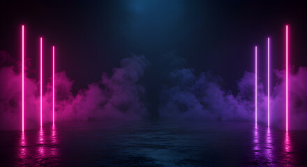 Poster - Neon Light Display Pink and Blue Hues Casting Reflections on Sleek Floor and Misty Backdrop Creates Abstract Futuristic Scene