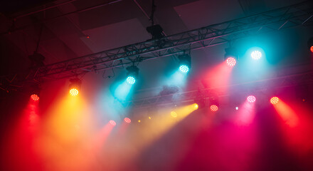 Poster - Stage Lighting with Red Yellow and Teal Beams Creating a Dynamic and Energetic Atmosphere Under Visible Ceiling Structures