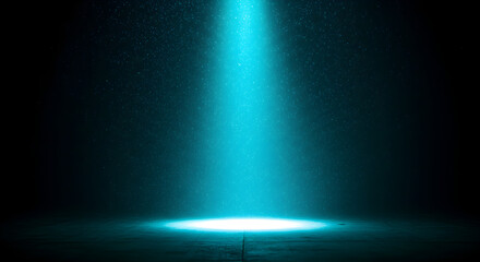 Poster - Teal Blue Spotlight Beam Shining Down on Dark Surface With Dust Particles and Abstract Light Rays