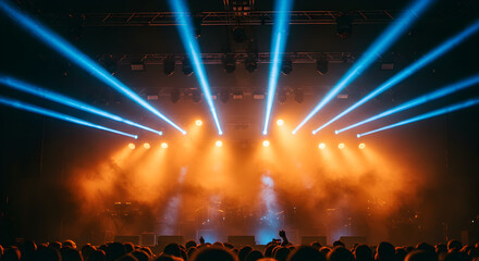 Poster - Vibrant Concert Stage with Blue and Yellow Lights Shining Through Smoke over a Dark Crowd in a Lively Music Venue